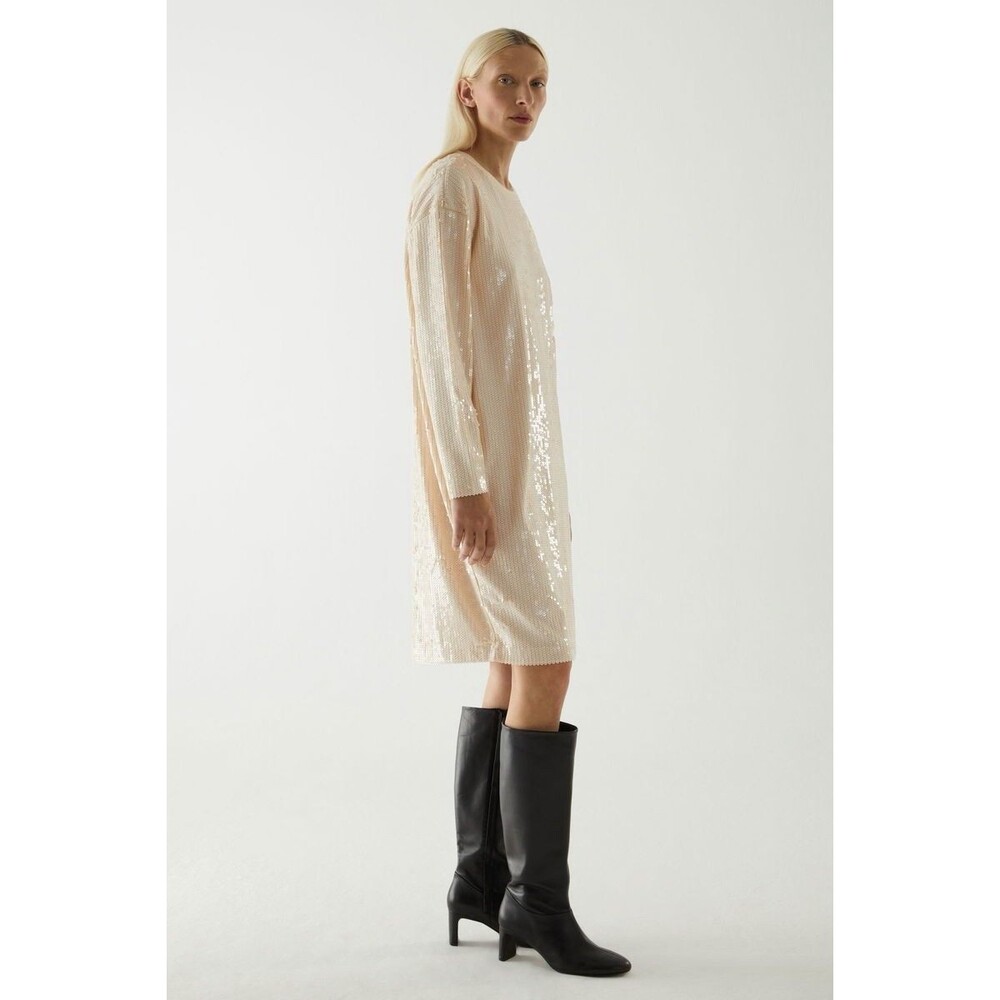 COS Women’s Sz XS Cream Long-Sleeve Oversized Sequined Dress GUC Glam Minimal